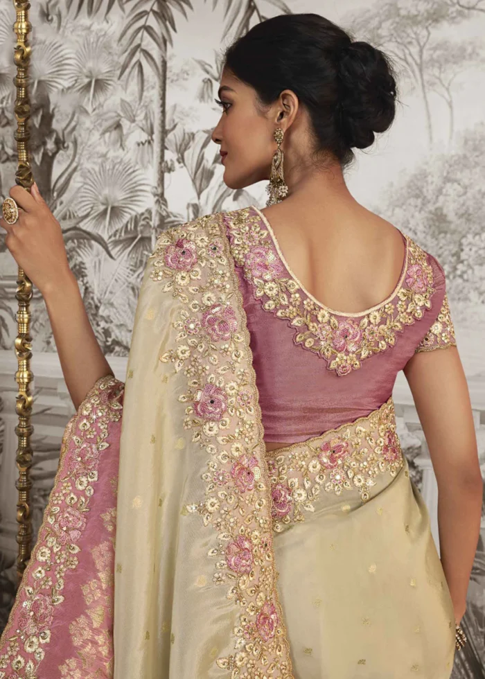 Cream and Pink Embroidered Silk Saree