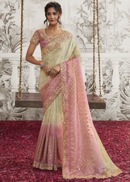 Cream and Pink Embroidered Silk Saree