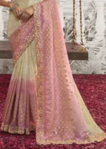 Cream and Pink Embroidered Silk Saree