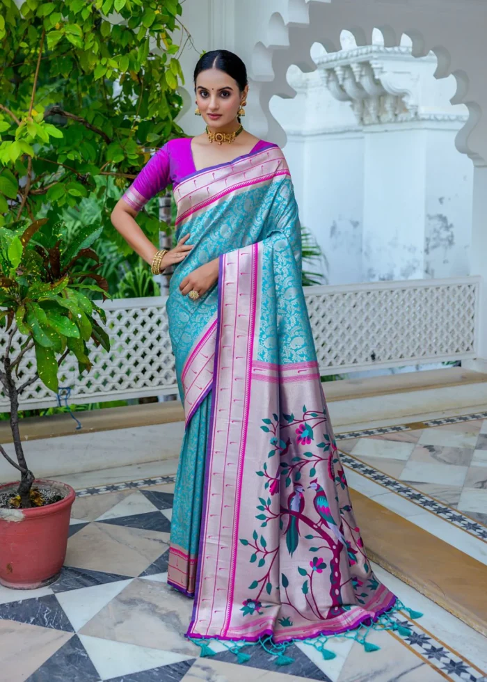 Cyan Blue Paithani Silk Saree