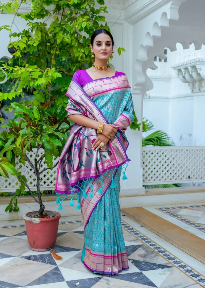 Cyan Blue Paithani Silk Saree