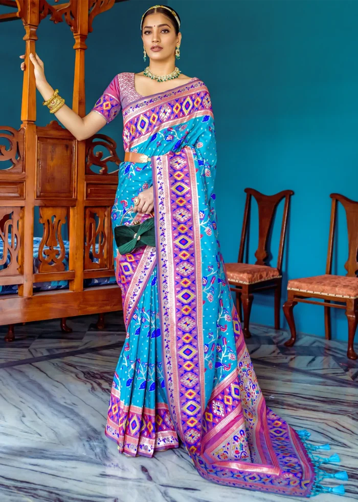 Cyan Blue Paithani Silk Saree