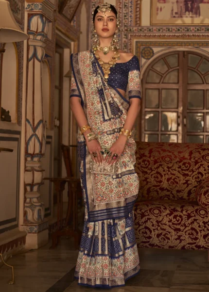 Dark Blue Printed Silk Saree