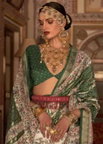 Dark Green Printed Silk Saree