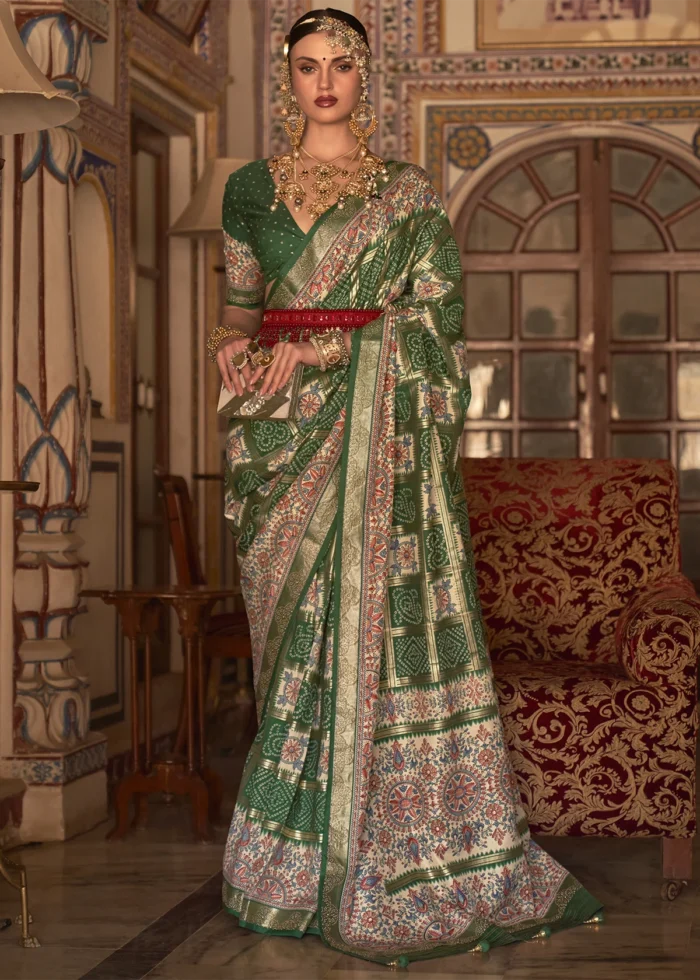 Dark Green Printed Silk Saree