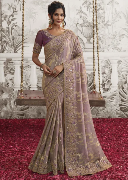 Dusty Purple Embroidered Silk Saree