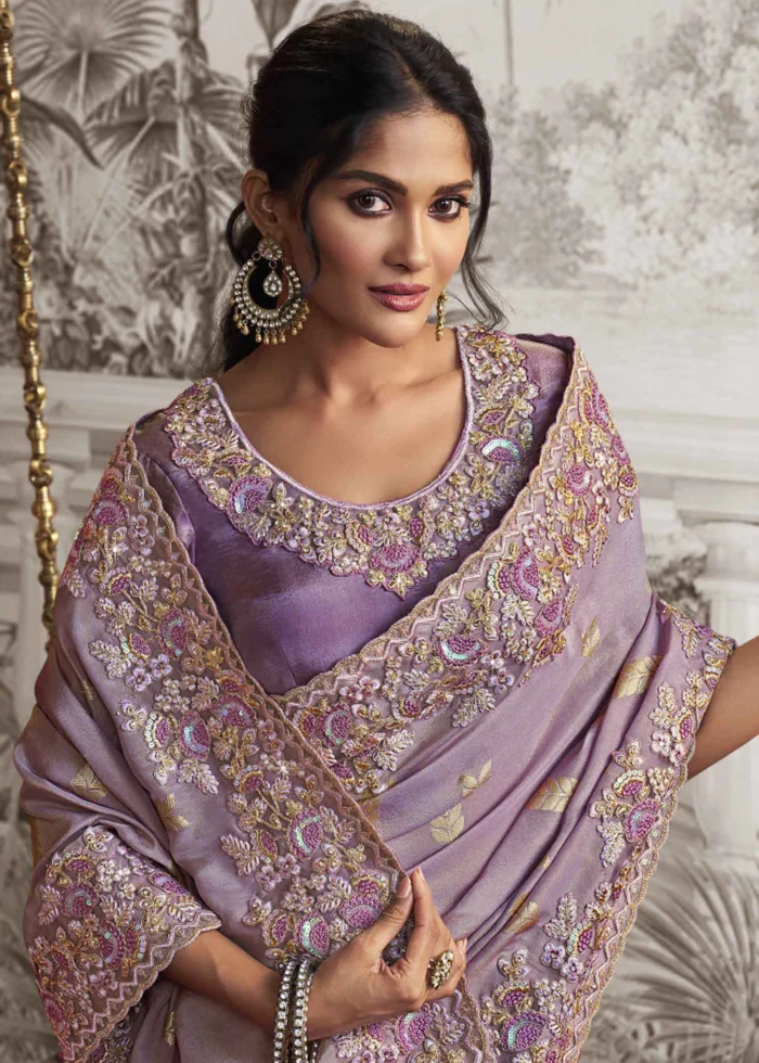 Light Purple Embroidered Silk Saree