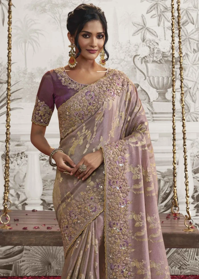 Dusky Purple Embroidered Silk Saree