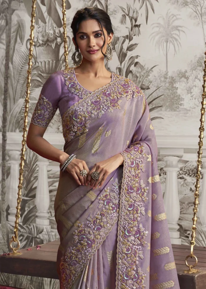 Light Purple Embroidered Silk Saree