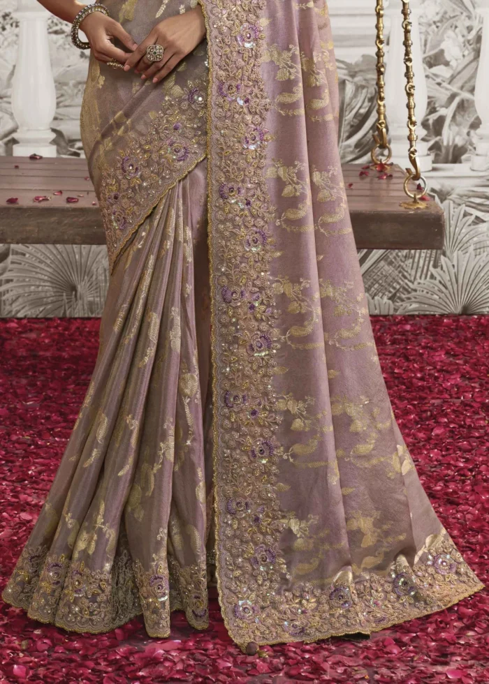 Dusky Purple Embroidered Silk Saree