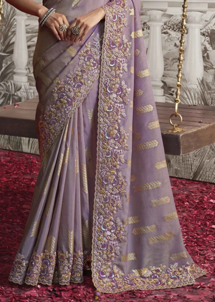 Light Purple Embroidered Silk Saree