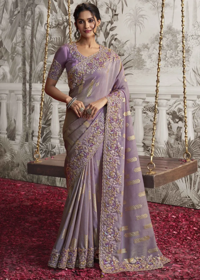 Light Purple Embroidered Silk Saree