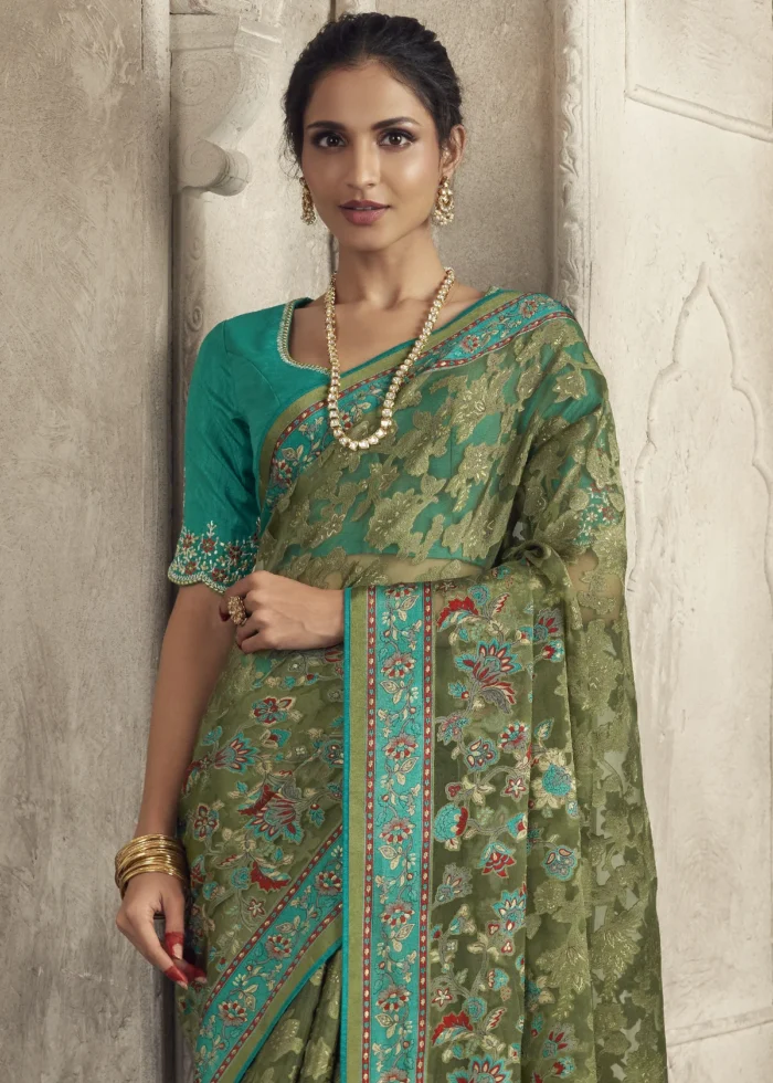 Dusty Green Woven Organza Brasso Saree