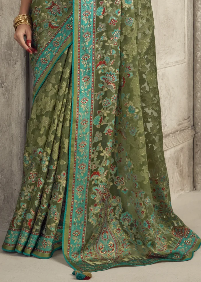 Dusty Green Woven Organza Brasso Saree