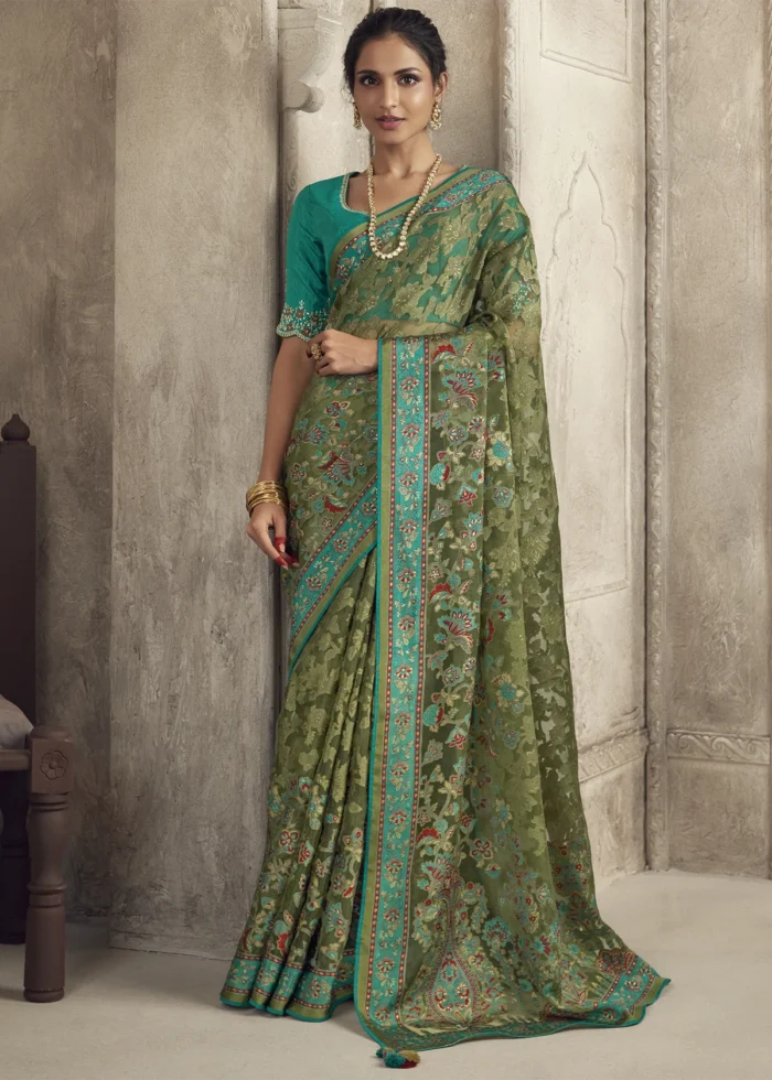 Dusty Green Woven Organza Brasso Saree