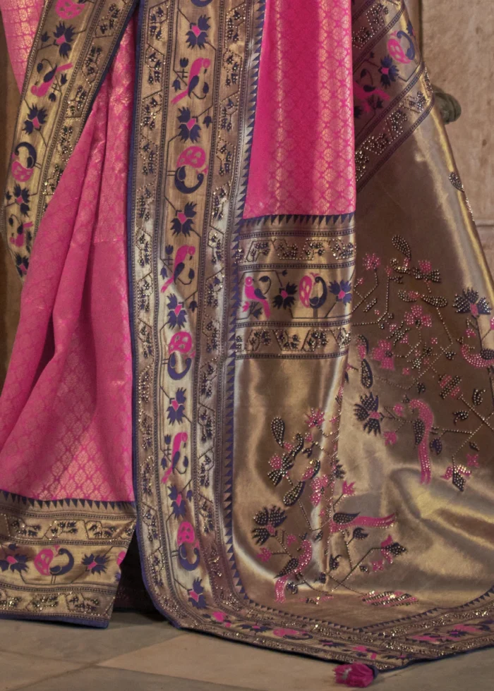 Fuchsia Banarasi Saree with Stone Work