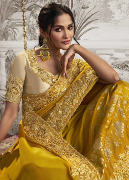 Golden Yellow Embroidered Silk Saree