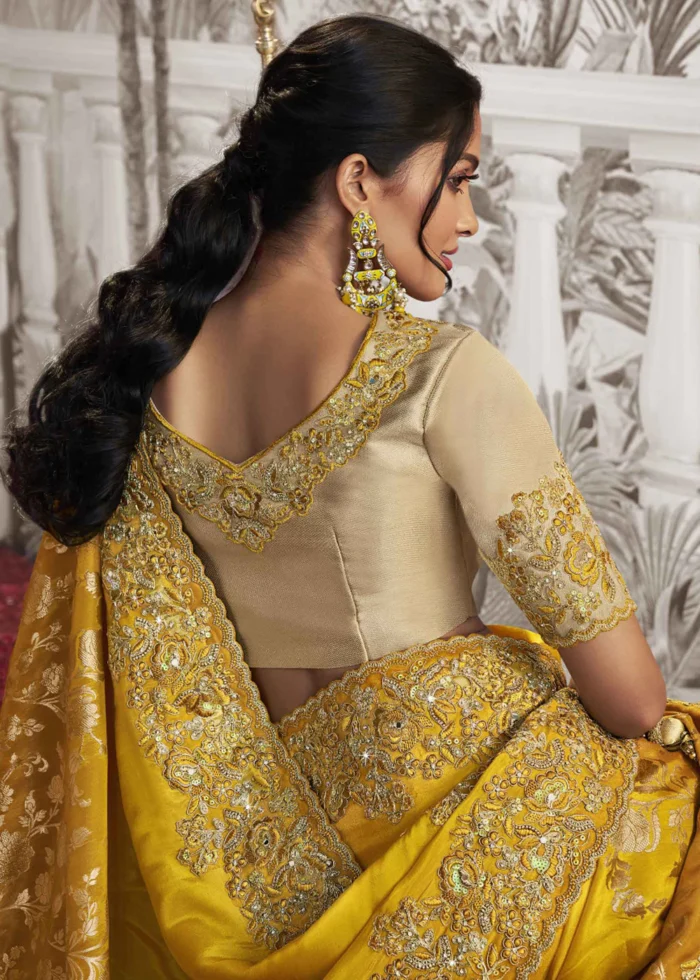 Golden Yellow Embroidered Silk Saree