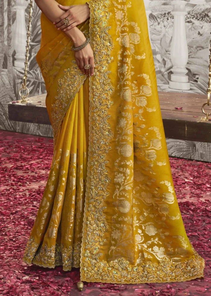 Golden Yellow Embroidered Silk Saree