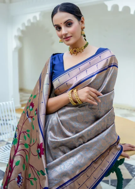 Gray Paithani Silk Saree