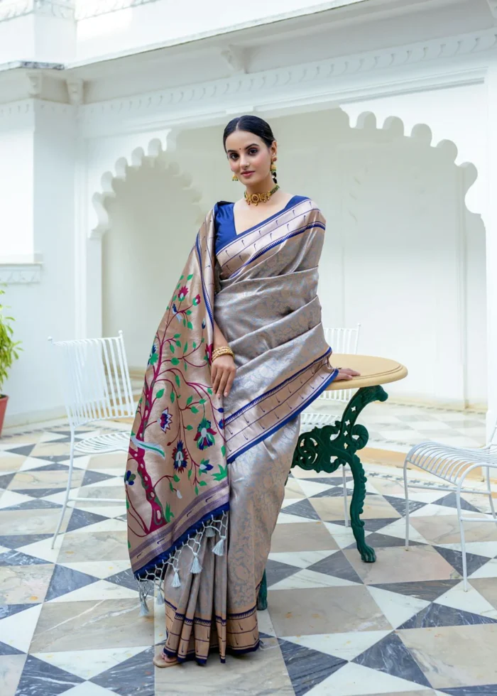 Gray Paithani Silk Saree