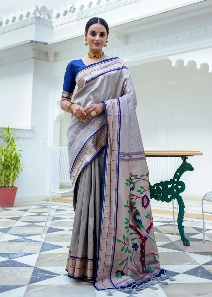 Gray Paithani Silk Saree