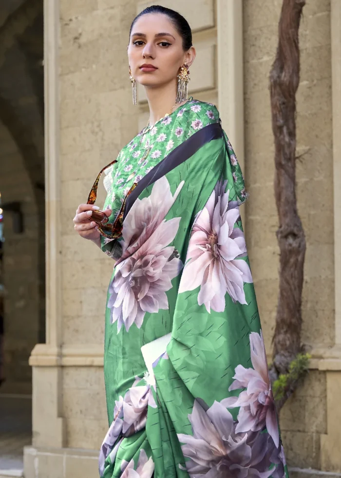 Green Satin Crepe Saree