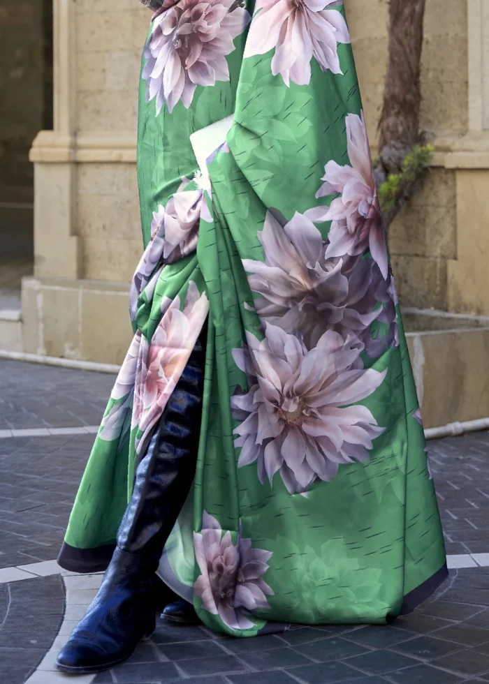 Green Satin Crepe Saree