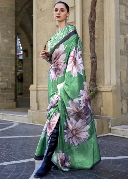 Green Satin Crepe Saree