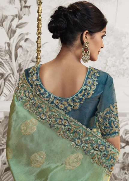 Green and Blue Embroidered Silk Saree