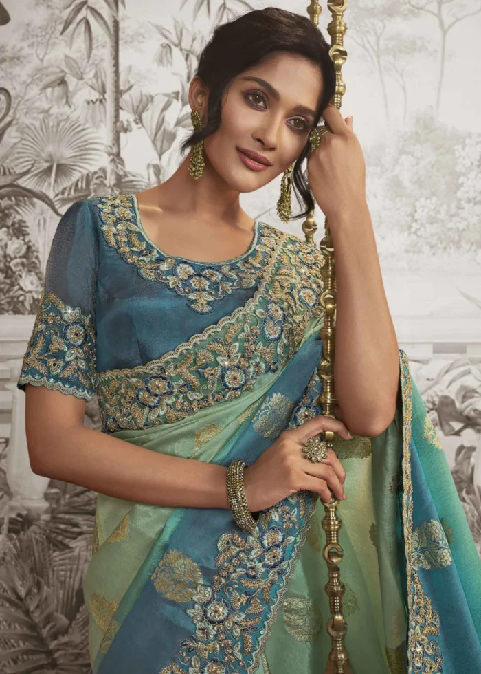 Green and Blue Embroidered Silk Saree