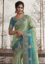 Green and Blue Embroidered Silk Saree