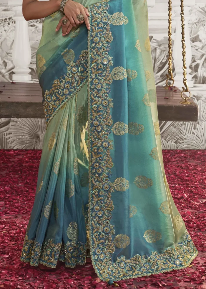 Green and Blue Embroidered Silk Saree