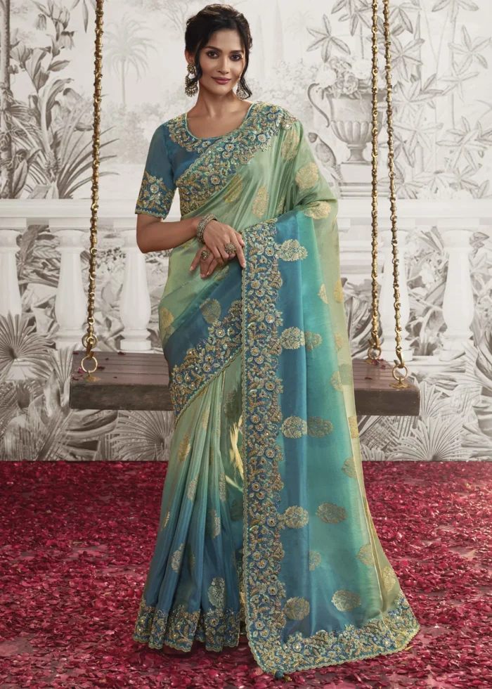 Green and Blue Embroidered Silk Saree