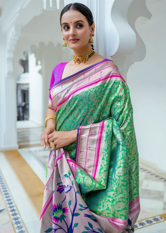 Kelly Green Paithani Silk Saree