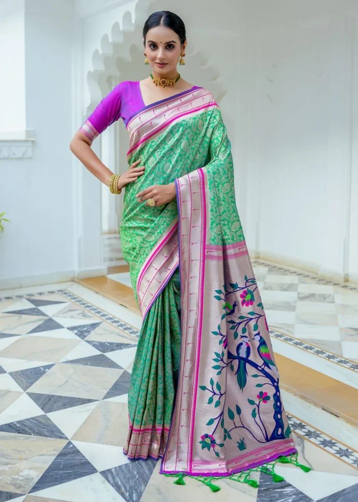 Kelly Green Paithani Silk Saree