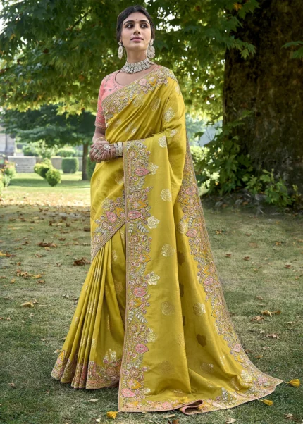 Lime Yellow Banarasi Saree