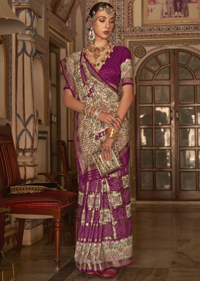 Magenta Printed Silk Saree