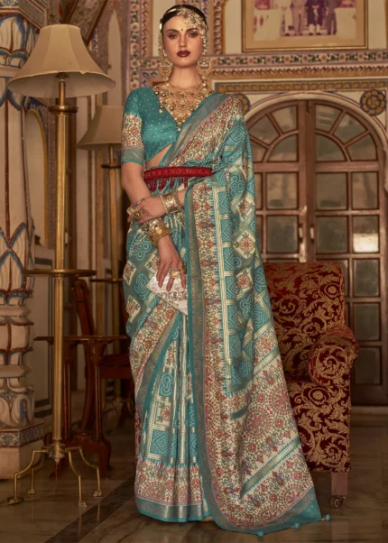 Mint Turquoise Printed Silk Saree