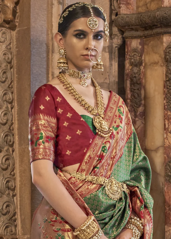 Moss Green Banarasi Saree with Stone Work