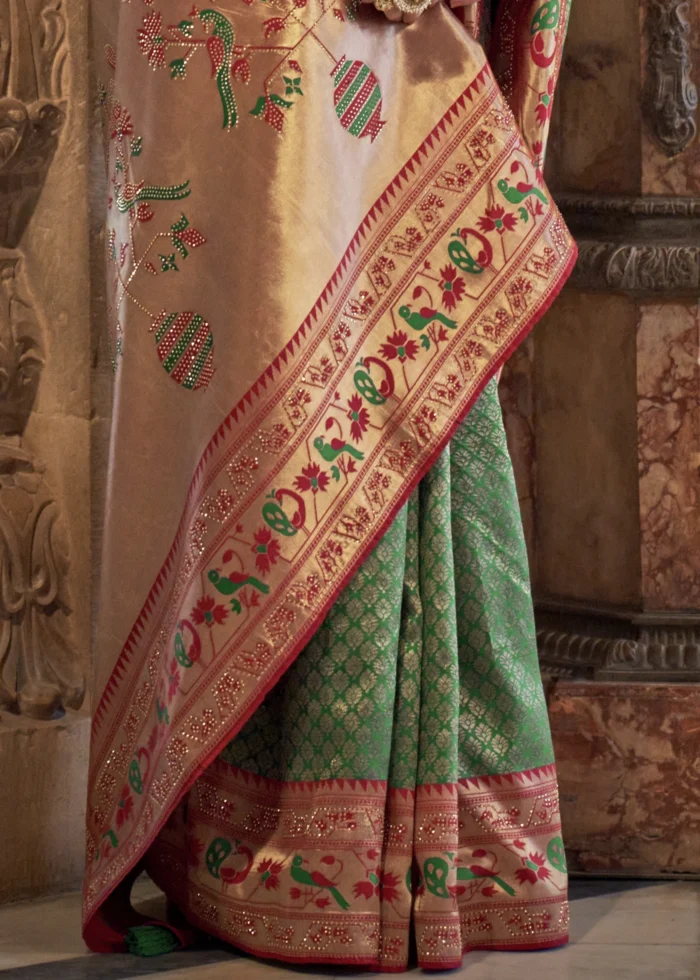 Moss Green Banarasi Saree with Stone Work