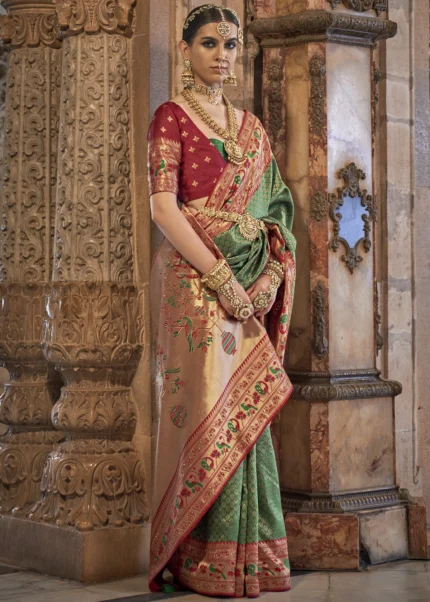 Moss Green Banarasi Saree with Stone Work