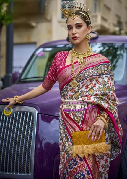 Multicolor White Patola Silk Saree