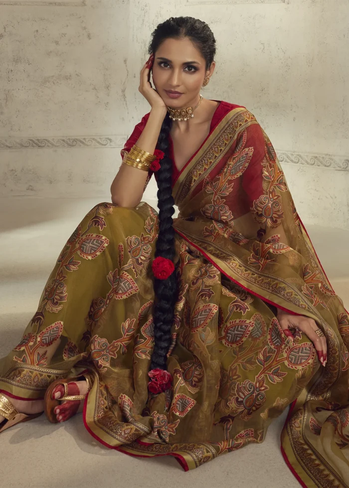 Mustard Yellow Organza Brasso Saree