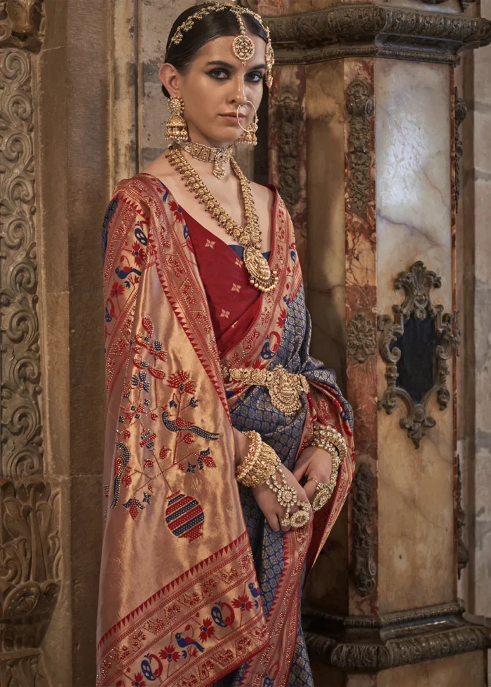 Navy Blue Banarasi Saree with Stone Work