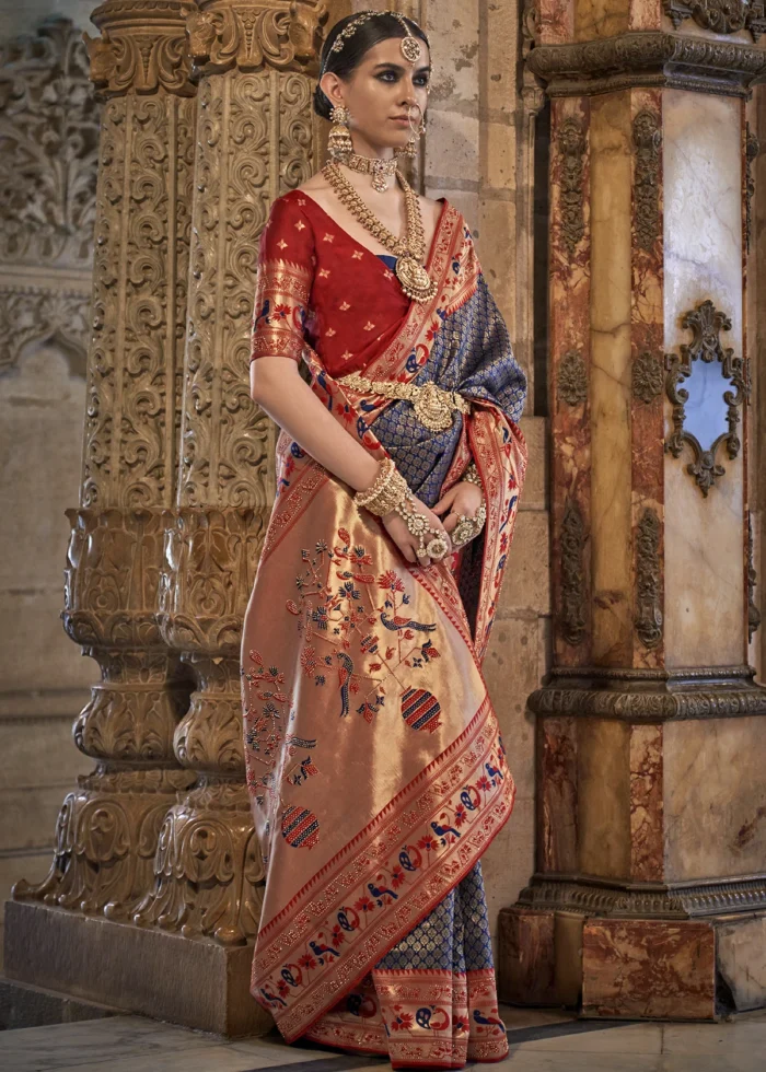 Navy Blue Banarasi Saree with Stone Work