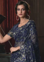 Navy Blue Embroidered Net Saree