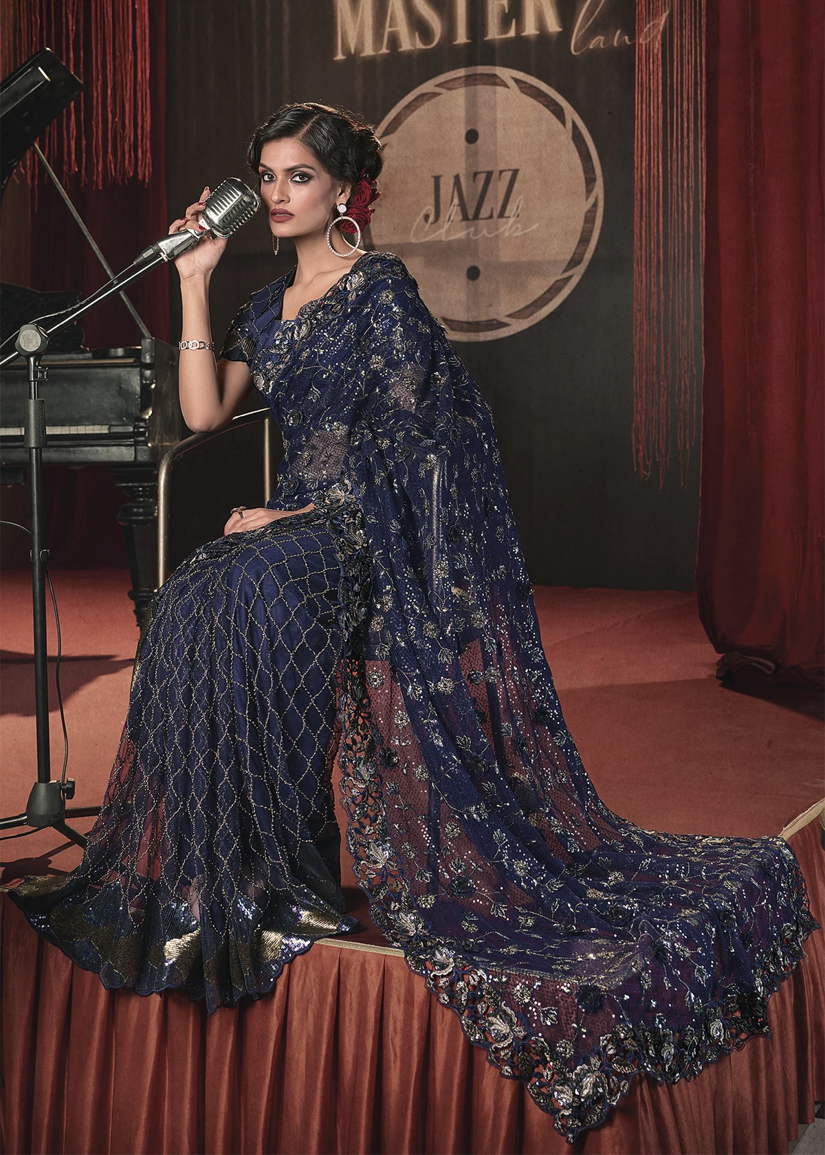 Navy Blue Embroidered Net Saree