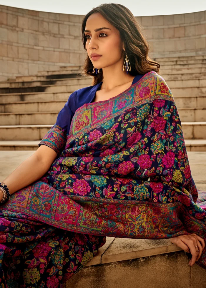 Navy Blue Kashmiri Jamawar Saree