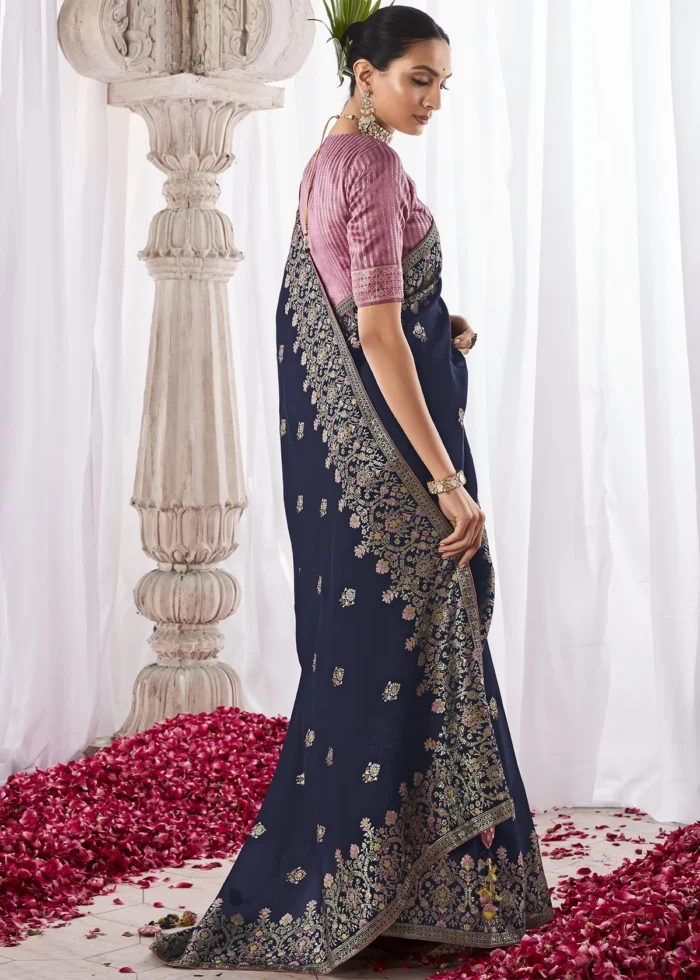 Navy Blue Kora Silk Saree